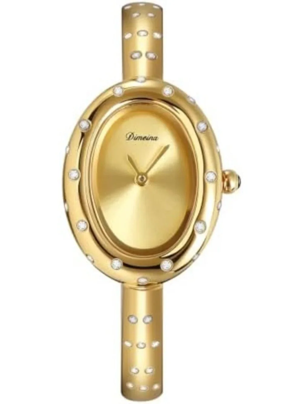 Elegant Oval Crystal Bangle Watch - Gold Stainless Steel Open Cuff Analog Wrist